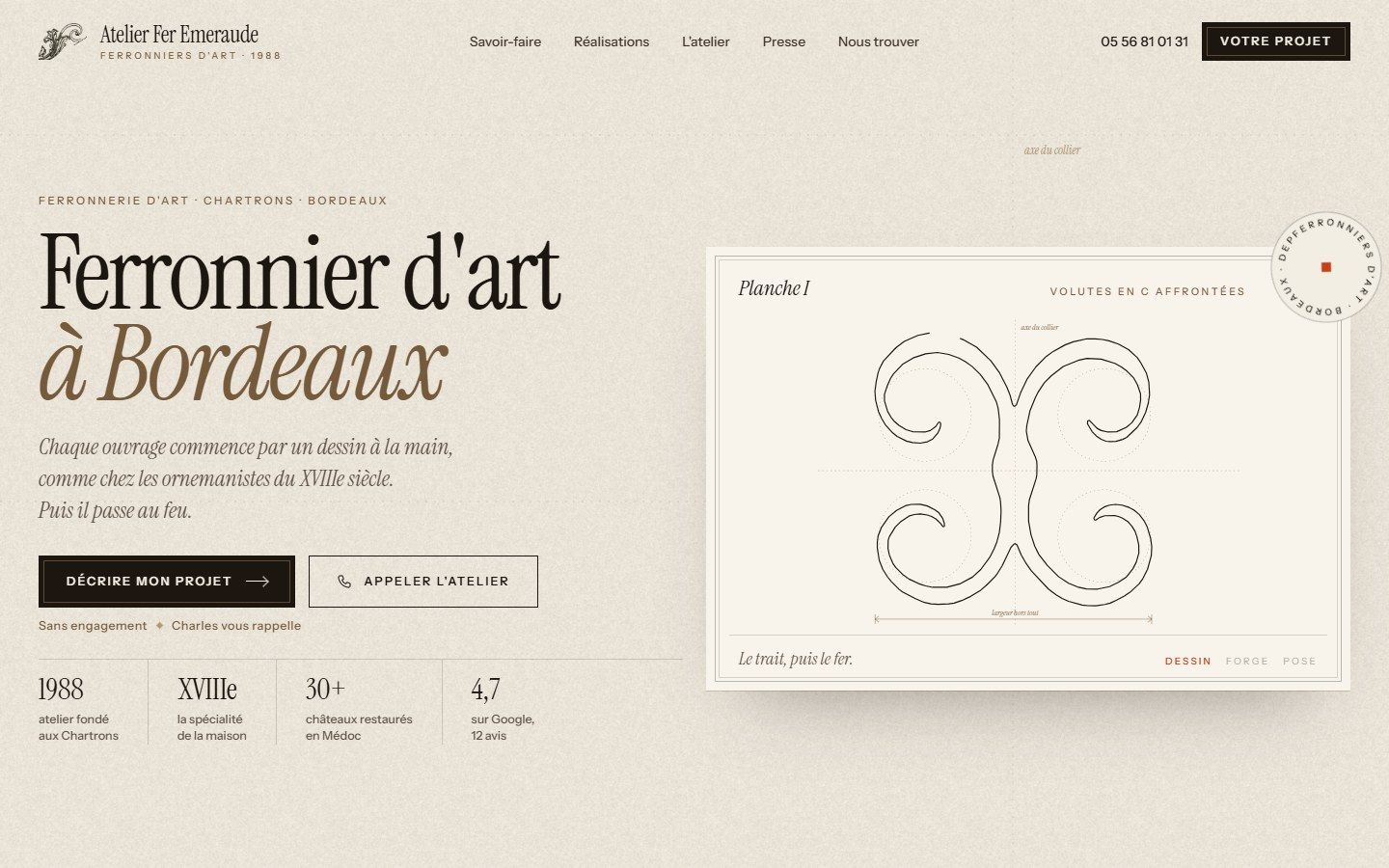 Page d'accueil du site de l'Atelier Fer Emeraude